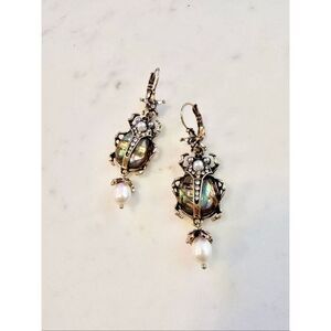 Abalone scarab dangle earrings with faux pearl detail
